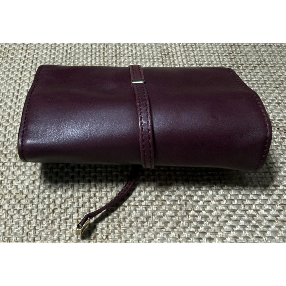 Mark Cross Leather Tri Fold Travel Pouch Burgundy Tie Lux Jewelry Roll Organizer